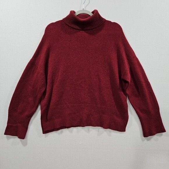 J Crew Womens Turtleneck Sweater Medium Burgendy Alpaca‎ Merino Wool Side Slit - Picture 1 of 11